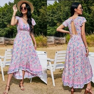 Boho floral print v neck maxi dress